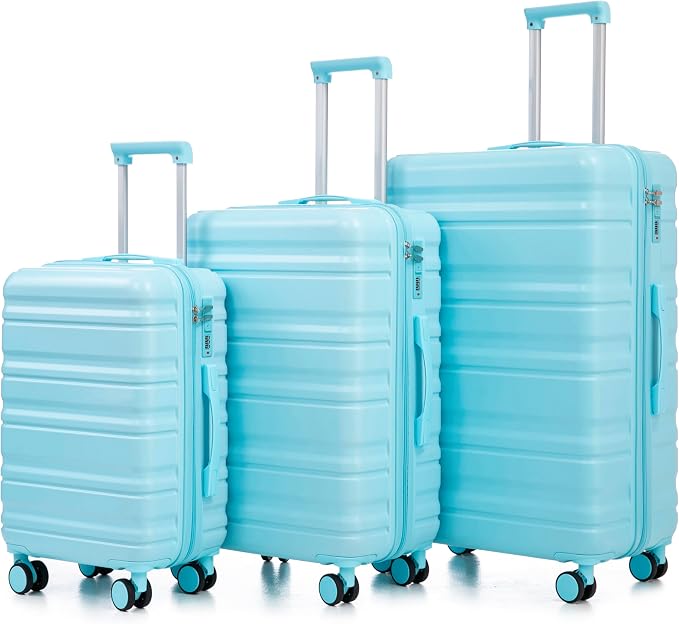 GDFStudio 20/24/28 Inch 3 Piece Luggage Set, ABS Hard Shell Spinner Suitcase with 360° Silent Wheels, Expandable Capacity,Combination Lock, Retractable Handle, Carry On & Checked Suitcases,Blue by GDFStudio