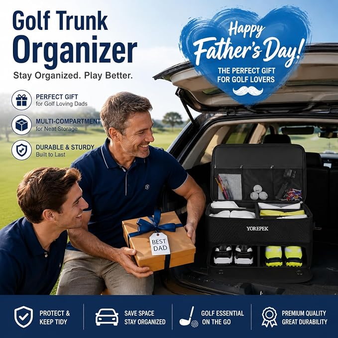 YOREPEK 2 Layer Golf Trunk Organizer, Golf Gifts for Men with Separate Ventilated Compartment for 2 Pair Shoes, Waterproof Car Trunk Locker for Balls, Tees, Clothes, Gloves, Gifts for Golfers - Image 2