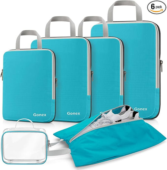 Gonex Compression Packing Cubes, 6pcs Expandable Storage Travel Luggage Bags Organizers with Shoe Bag, Clear Toiletry Bag (Blue) by Gonex