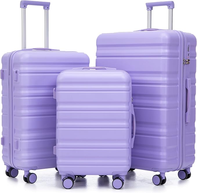 3-Piece Luggage Set 20/24/28'' Hard-shell with 360° Spinner Wheels & Combination Lock, Lightweight ABS Material for Travelling, Light Purple by LUCCALILY