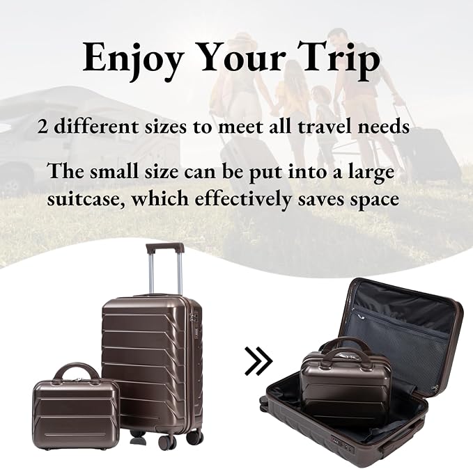2-Piece ABS Hard Shell Lightweight Carry-On Luggage Set (14" & 20"), 360-Degree Spinner Wheels, Adjustable Telescopic Handle and Combination Lock for Travel, Brown - Image 2