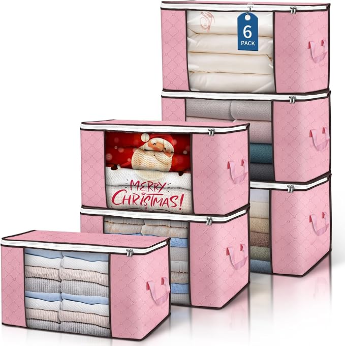 90L Large Storage Bags, 6 Pack Clothes Storage Bins Closet Organizers | Foldable Storage Containers, with Reinforced Handle, for Clothing, Blanket, Comforters, Bed Sheets, Pillows and Toys,Pink by BuddingJoy-BuildaJoyfulLifeforYou