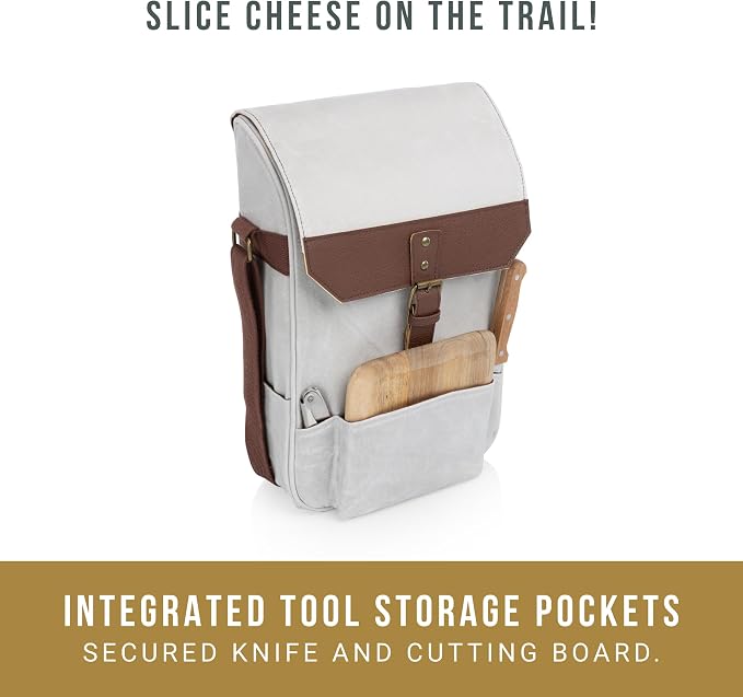 Picnic TIME 2 Bottle Insulated Wine Bag with Cheese Board and Knife Set, Wine Picnic Bag, Natural Waxed Canvas Wine Tote, (White) - Image 5