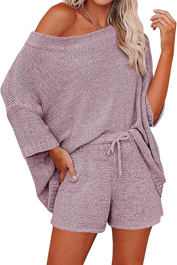 Ermonn Womens 2 Piece Outfits Sweater Sets Off Shoulder Knit Tops Waist Short Suits Casual Pajama Set by Ermonn