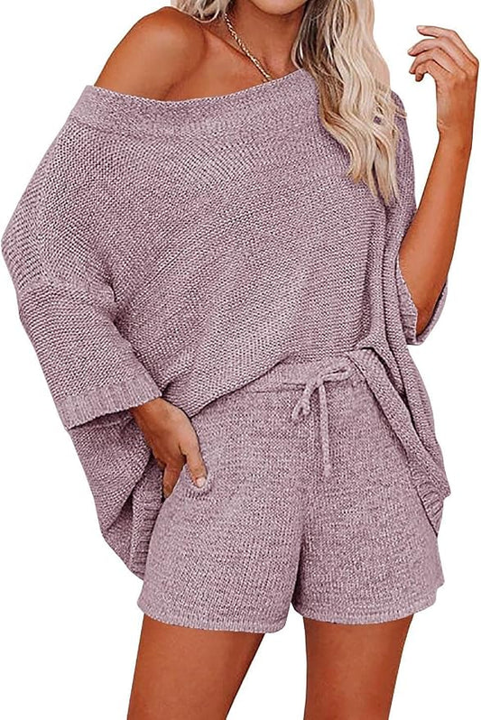 Ermonn Womens 2 Piece Outfits Sweater Sets Off Shoulder Knit Tops Waist Short Suits Casual Pajama Set by Ermonn