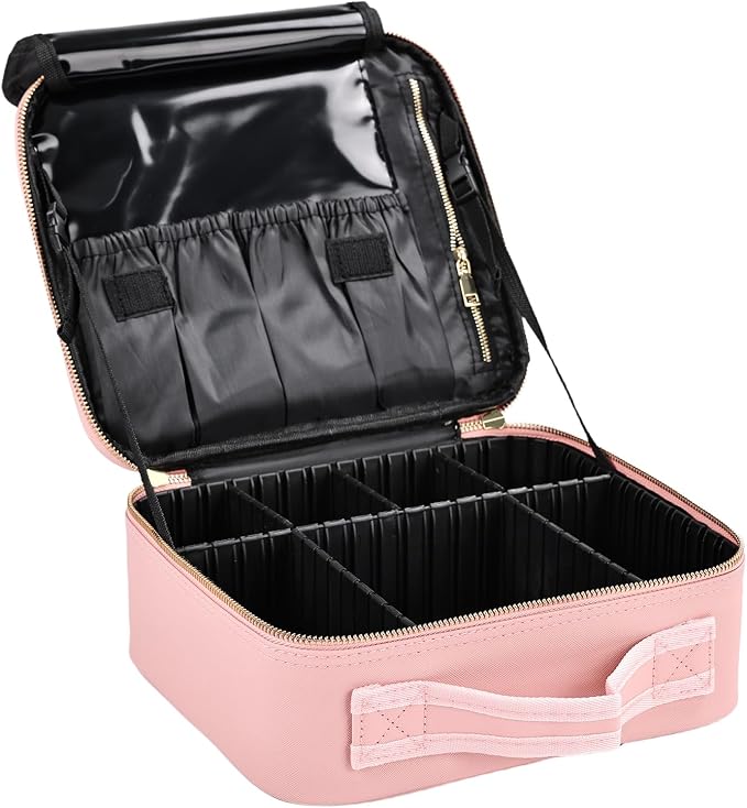 Travel Makeup Bag with Brush Holder, Professional Cosmetic Train Case Organizer for Women, Portable Travel Makeup Brush Carry Case Cosmetic Artist Storage Box with Adjustable Dividers, Leather Pink by Greenfeather