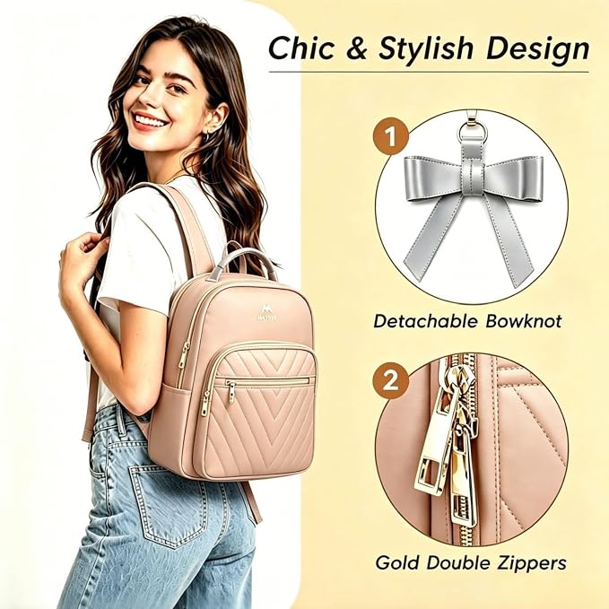 MATEIN Small Backpack Purse for Women, Mini Bookbag, 2pcs Sets, Champagne | Casual Daily Handbags Shoulder Bag, Waterproof Fashion Cute Backpack, Ladies Girls Daypack, for Travel Work School College - Image 5