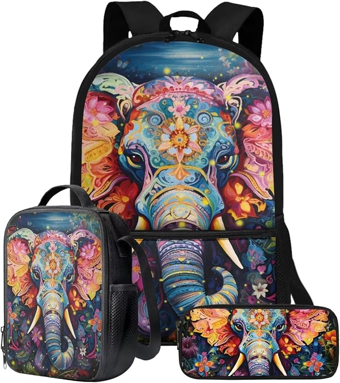 Aztec Tribal Elephant Print Backpack Set Large Capacity Schoolbag Lunch Box Pencil Case 17 Inch Travel Laptop Backpacks Lightweight Rucksack Casual Daypack for Hiking Camping by ZIATUBLES