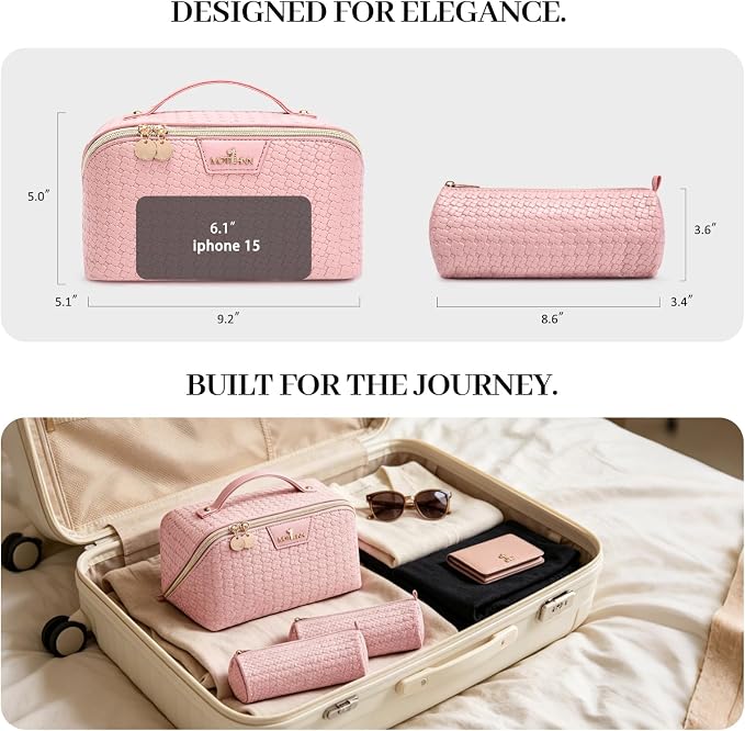 Travel Makeup Bag for Women: 3 Pcs Set Cosmetic Bags for Women - Large Capacity Vagen Leather Hand-made for Toiletry Organizer - Waterproof Ladies Travel Flat Open Essentials for Luxury (01Pink) - Image 8