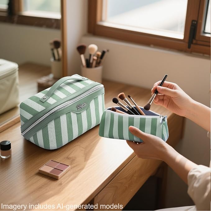 BOYATU Travel Makeup Bag Cosmetic Bag for Women: 3 Pcs Set Striped Make up Bag with Compartments - Waterproof Vegan Leather Toiletry Bag with Handle - Makeup Organizer for Travel Essentials(A-2-Green) - Image 7