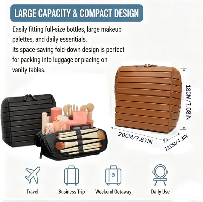 Makeup Bag, Travel Makeup Organizer Bag with Fold-Down Design and Adjustable Dividers, 27 Pockets & 3 Brush Storage Holders, Large Capacity Cosmetic Bags Toiletry Case (Brown) - Image 5