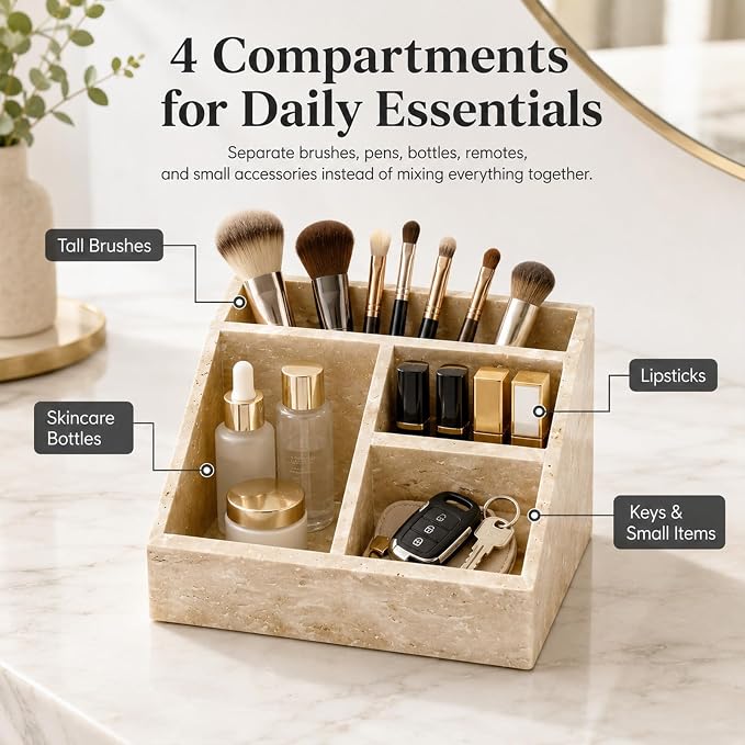 Travertine 4-Compartment Desk Organizer, Beige | Natural travertine with 4 compartments for pens, makeup brushes, skincare bottles, office supplies and vanity items - Image 4