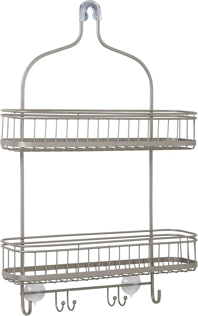 Zenna Home Shower Caddy, Modern and Functional, Steel Shower Rack with 2 Extra Wide Shelves and Built-in Hooks, Satin Nickel by ZennaHome