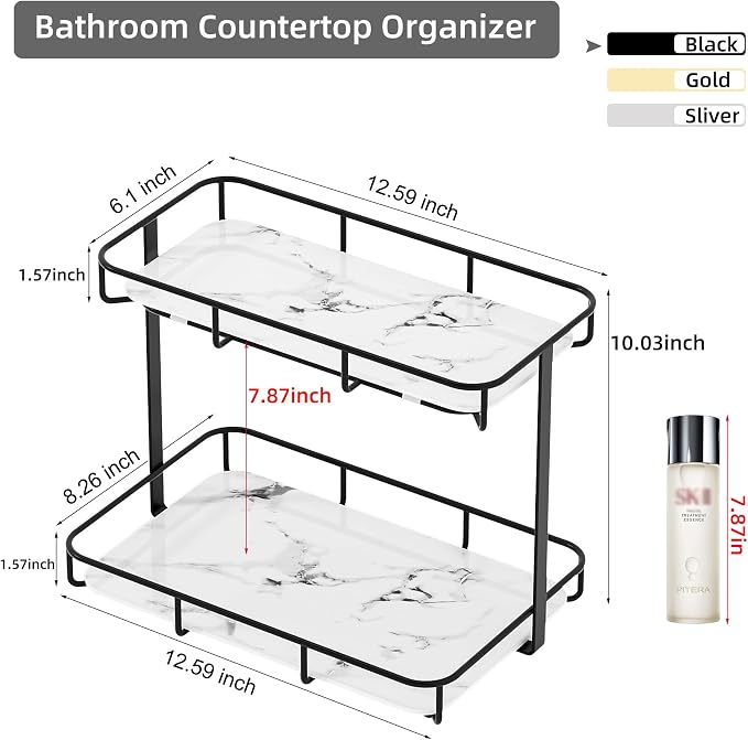 Bathroom Organizer Countertop Perfume Organizer Makeup Organizer Cosmetics Storage Display Rack Vanity Tray Dresser Stainless Steel Gold Shelf White Marble Ceramic Tray - Image 3