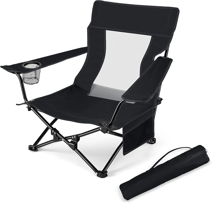 HaSteeL Folding Beach Chair, Foldable Black Camping Chairs for Outside, Low Beach Chair Portable for Adults Fishing, Picnic, Outdoor BBQ, Travel, Sports, Cup Holder & Storage Bag by HaSteeL