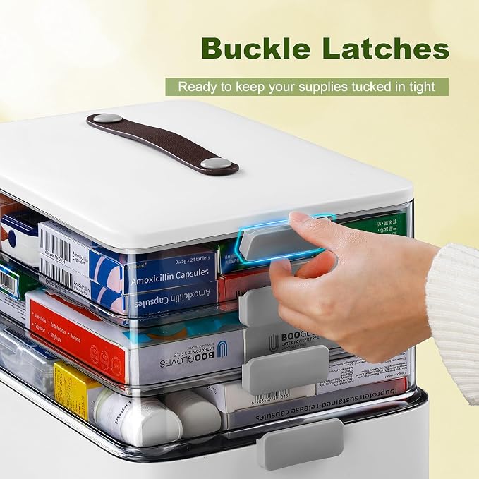 MOPALL 4-Tier Medicine Organizer Storage Box, Portable Latch Bin with Lid and Leather Handle, Cabinet Closet Organization for Home Office, Pill Bottle, First Aid, Sewing, Art, Craft - Image 5