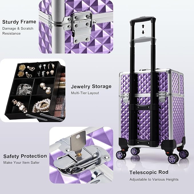 Stagiant Rolling Makeup Train Case Large Storage Cosmetic Trolley 4 Tray with Sliding Rail Removable Middle Layer with Key Swivel Wheels Salon Barber Case Traveling Cart Trunk - Image 8