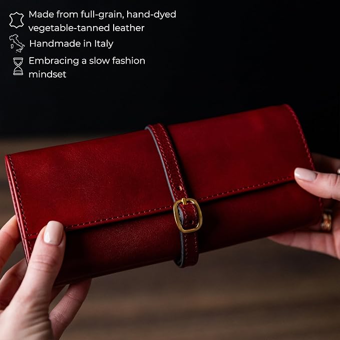 Time Resistance Leather Jewelry Roll - Full Grain Leather Travel Jewelry Case - Jewellery Organizer Made in Italy (Red) - Image 4