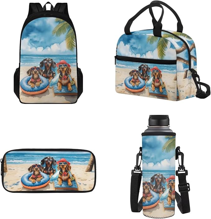 4 pcs Kids Backpack Set with Funny Dachshund Print, School Supplies Include School Bags Book Bag with Insulated Lunch Bag Kit Pen Bags Water Bottle Sleeve Set for Kids Teens Boys Girls by Tomeusey