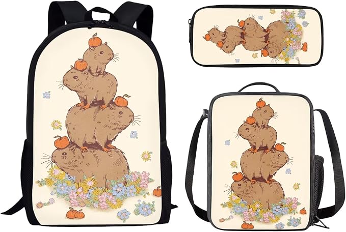 Mumeson 17inch Backpack Set for Student School Travel Backpacks Capybara Bookbag Satchel Rucksack Daypack for Girls Boys,3 in 1 Schoolbag Set with Lunch Bag Pencil Case by Mumeson
