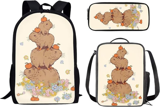 Mumeson 17inch Backpack Set for Student School Travel Backpacks Capybara Bookbag Satchel Rucksack Daypack for Girls Boys,3 in 1 Schoolbag Set with Lunch Bag Pencil Case by Mumeson