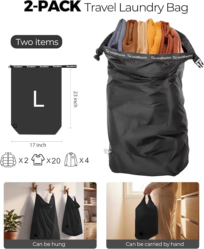 Travel Laundry Bag, Pump-Free Vacuum Compression Dirty Clothes Bag, Reusable Waterproof & Washable Laundry Bag, Wet and Dry Bag, Ideal for Suitcases, Road Trip Essentials (2 Pcs, L+L) Black - Image 2