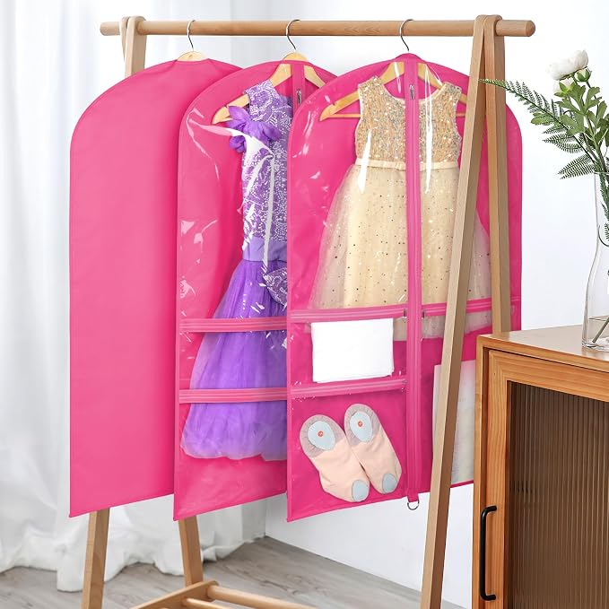 Univivi Dance Costume Bags Garment Bag 40 Inch Hanging Clothes for Dance Competitions, with 3 Medium Clear Zipper Pockets for Dance Costumes, Closet Storage (Rose Red) - 4 Pack - Image 5