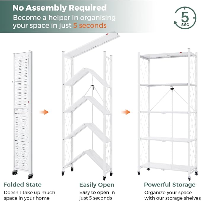 DEANIC 5 Tier Foldable Storage Shelves with Wheels, Large Capacity Shelving Unit, Freestanding Metal Wire Shelf Rack, No Assembly Organizer Rack for Garage Kitchen, Basement, Pantry(White Pack of 2) - Image 5