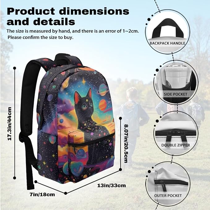 Girls Backpacks Ages 6-8 8-10 Black Cat Backpack Set for Girls, Cool Space 17" Bookbag Set with Lunch Box, Pencil Case & Bottle Holder, Lightweight Backpack for Teens Kids Travel Outdoor - Image 3