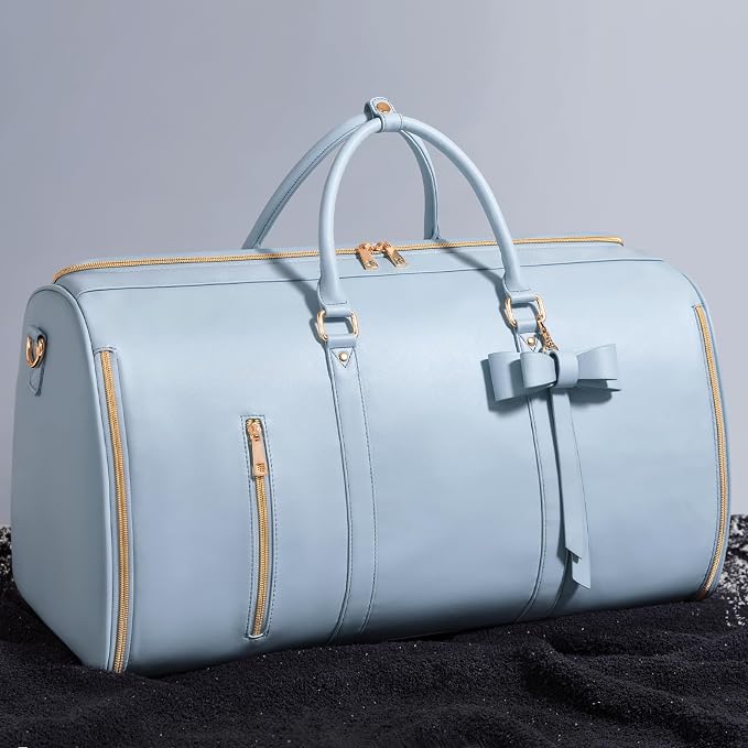 Travel Duffel Bag, Convertible Travel Garment Bag for Women, Fashion & Cute Carry On Duffle Bag w/Shoes Pouch, 2 in 1 Foldable PU Leather Hanging Duffle Bag, Single-Zipper Design, Blue - Image 9