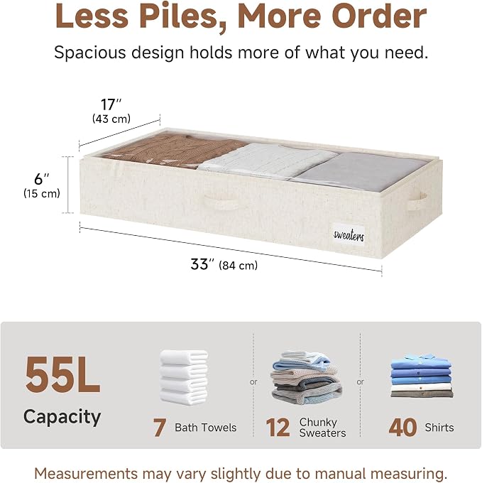 StorageWorks Under Bed Storage Containers - Large Underbed Storage with Handles and Label Holder, 2 Pack Ultra-thick Fabric Underbed Bins, Closet Organizer for Clothes, Blankets, Sweater - Image 2
