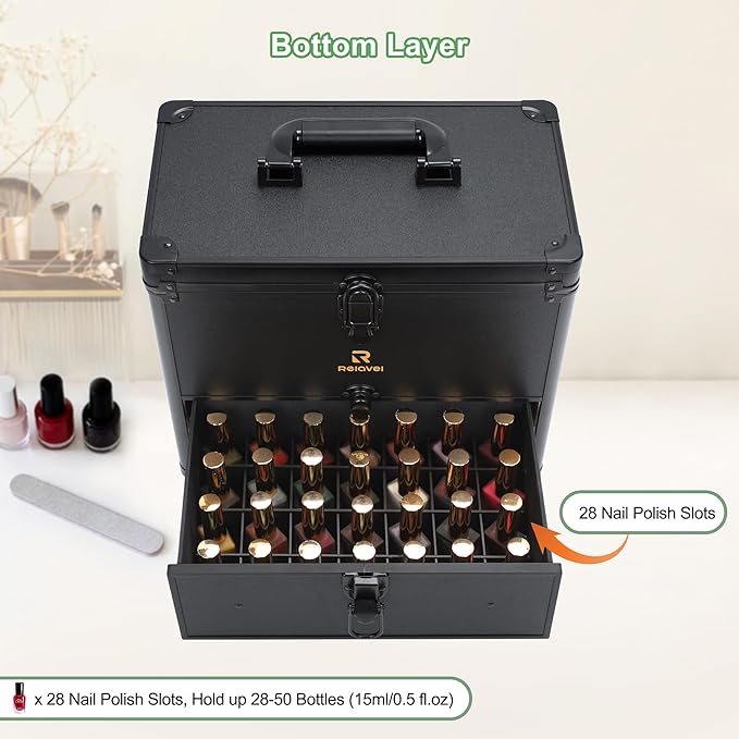 Relavel Nail Polish Organizer, Nail Bag Organizer Case Holds 36 to 60+ Bottles (15ml/0.5fl.oz) & Nail Lamp, Gel Polish Storage Box for Nail Supplies Kit, Manicure Tools, Nail Tech Accessories, Black - Image 4