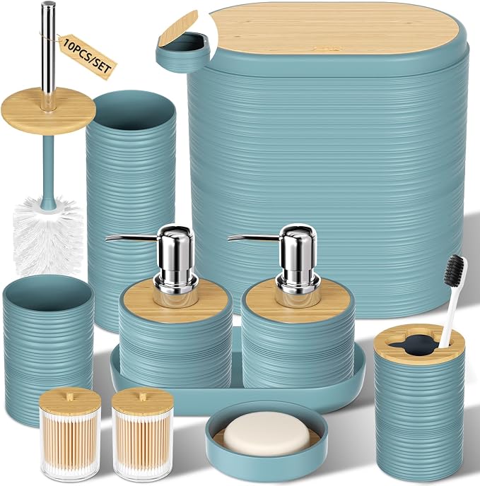 XLHOMO Light Blue Bathroom Set - 10PC Bathroom Accessories Set, Luxury Bathroom Accessory Set with Trash Can,Toilet Brush & 2 PC Soap Dispensers for Apartment Decor and Housewarming by BetterbathroomwithXLHOME