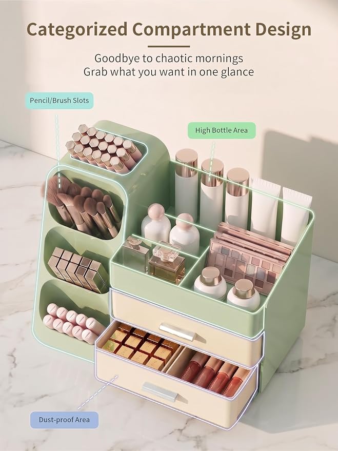 Booklov Makeup Organizer for Vanity and Bathroom Countertop, Green Cream | Plastic Cosmetic Display Case with Drawers, Beauty Brush Holder for Dresser Counter Skin Care Eyeshadow Lipstick Storage - Image 3