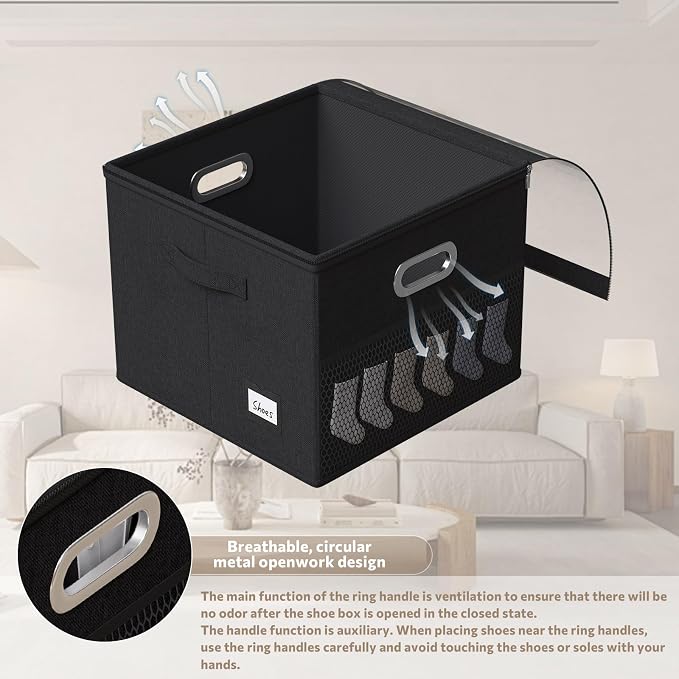 2 Pack Shoe Organizer for Closet Large Shoe Box Storage Containers with Clear Window Space Saving Shoe Bin with Foldable Bottom Support Adjustable Dividers Fits 32 Pairs (Black, (16.5*16.5*13in)*2) - Image 4