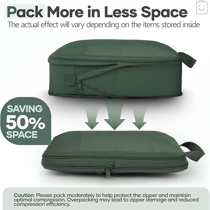 Veken 9/11 Set Compression Packing Cubes for Travel Essentials,Compressible Expandable Luggage Suitcase Organizer Bags with Garment Bag,Space Saver Bags with Over 1000 pcs of Mesh Holes(Dark Green) - Image 6