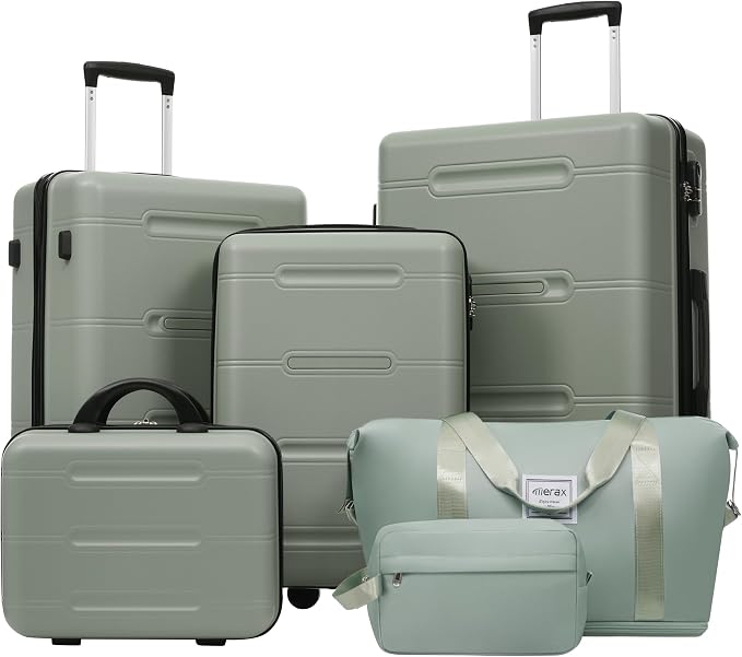 Merax Luggage Set 6 Piece,Lightweight Hardshell Suitcase with Wheels | 14 IN Cosmetic Case 20/24/28 IN Luggages with Handle Password Lock Duffel Bag and Toiletry Bag,Light Green by Merax
