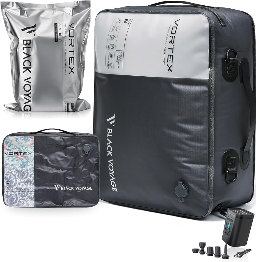 Black Voyage Reusable Vacuum Compression Travel Bag for Carry-On Suitcase and Backpack, Recycled IPX8 Waterproof Space Saver Vacpack (1-Pack, 21L - Pump Included) by BlackVoyage