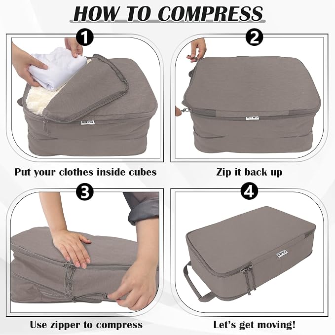 Large Compression Packing Cubes for Travel Accessories, 2 Set Compression Bags Travel Cubes for Packing Suitcase Luggage Organizer Bags Set, Khaki - Image 6