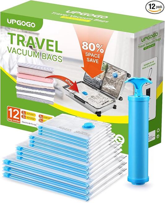 Vacuum Bags for Travel, 12 Pack with Hand Pump, Space Saver Vacuum Storage Bags, Travel Essentials, Clothes, Blankets, Pillows
