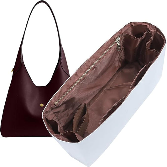 Doxo Purse Organizer Insert for Coach Brooklyn 39 | 9 Pockets with YKK Side Zipper & Elastic Water Bottle Holder | Waterproof Tyvek Bag Organizer for Coach Brooklyn Tote/Shoulder Bag(39, White-Brown) by Doxo