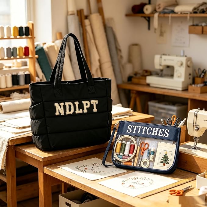 Needlepoint (NDLPT) Tote Bag & Clear Stitching Zipper Pouch Set (Black) | Lightweight Puffy Project Bag for Embroidery Sewing Craft Storage Organizer – Gifts for Stitchers - Image 6