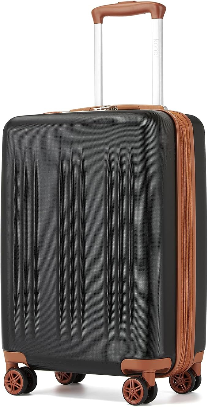 Kono Carry On Luggage 22x14x9 Airline Approved 20 Inch Expandable Suitcase | Lightweight Luggage with Quiet Spinner Wheels & TSA Lock, PC+ABS Hard Shell Suitcase for 1-3 Days Travel, Black & Brown by Kono