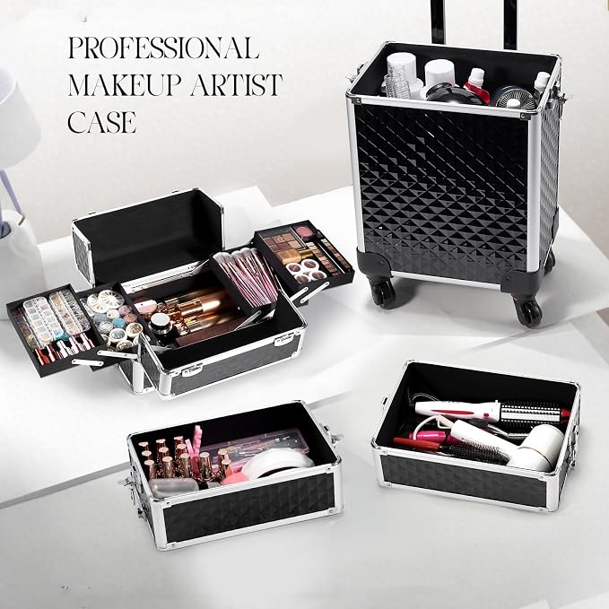 Yueieoun Rolling Makeup Train Case, 4-in-1 Cosmetology Case on Wheels, Nail Tech Cart for Travel, Professional Cosmetic Vanity Case, Suitcase for MUA/Manicure/Tattoo/Style, Lockable Storage Box, Black - Image 4