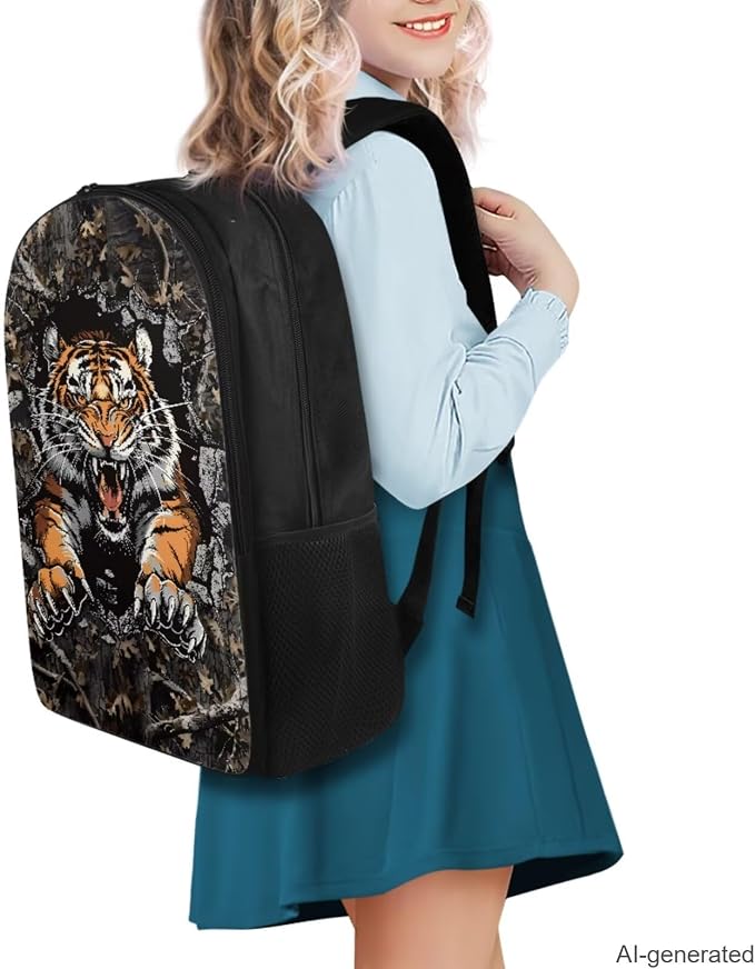 Tiger Camo Backpack for Boys Kids Backpack with Lunch Box Water Bottle Carrier with Strap and Pencil Case Pouch 4PCS Set Bookbag with Compartments for School 17 inch Large Capacity School Bag - Image 2