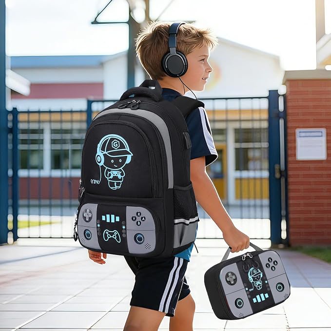 Bevalsa Backpack for School Boys, Cool Luminous Gamer Boys Schoolbag with Lunch Box & Pencil Case Set for Kids Teens Elementary Middle School, Bookbag Glow In The Dark(Black Backpack) - Image 8