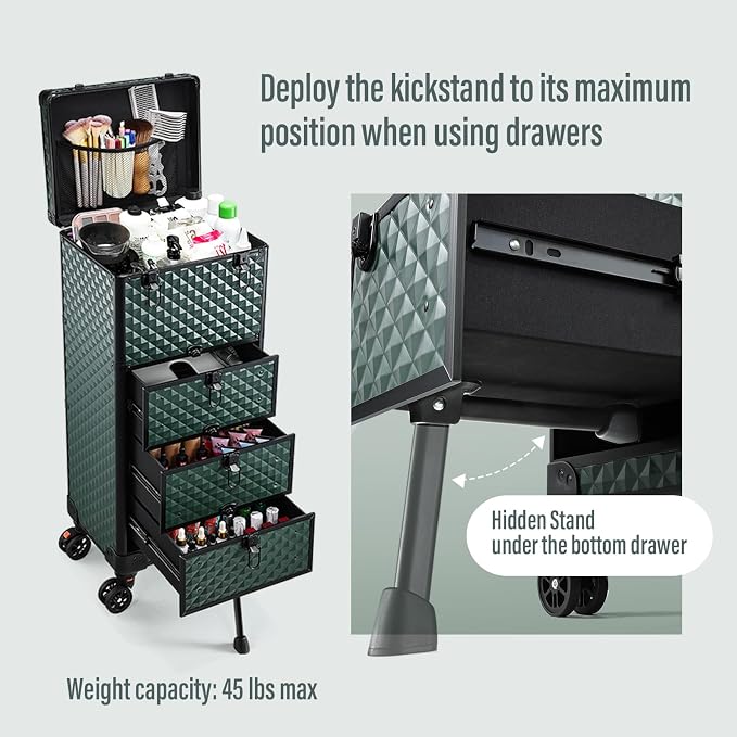 Yueieoun Nail Trolley Cart with 3 Drawers, Salon Station Cosmetology Case on Wheels Rolling Makeup Train Case Nail Case Organizer Beauty Salon Travel Case for Nailart,SPA,Hairstylist,Artist,Dark Green - Image 5