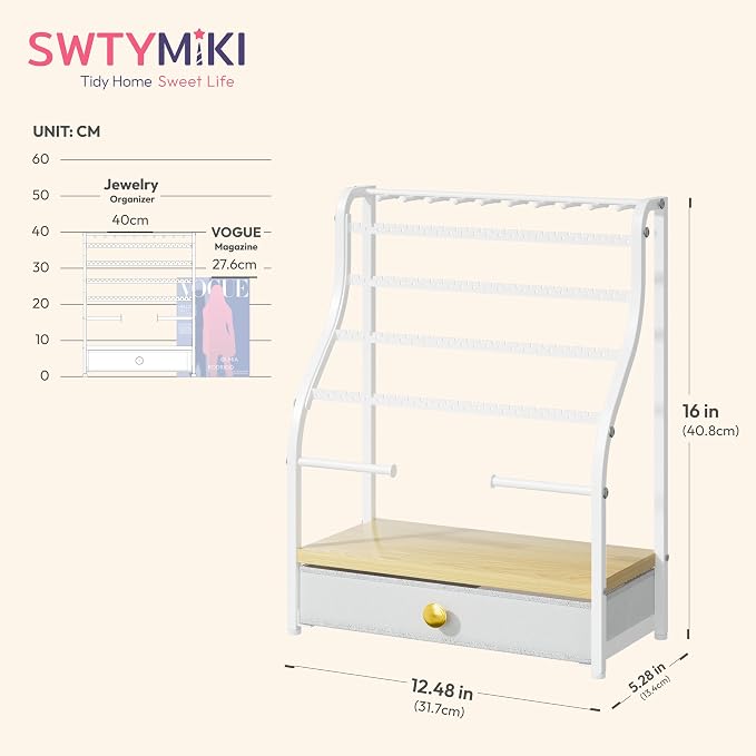 SWTYMIKI Earring Holder Organizer - Jewelry Organizer Stand with Necklace Hooks, Watch Rods, Nonwoven Drawer, Large Capacity Jewelry Display for Stud Earring Bracelet Necklace Ring, White - Image 6