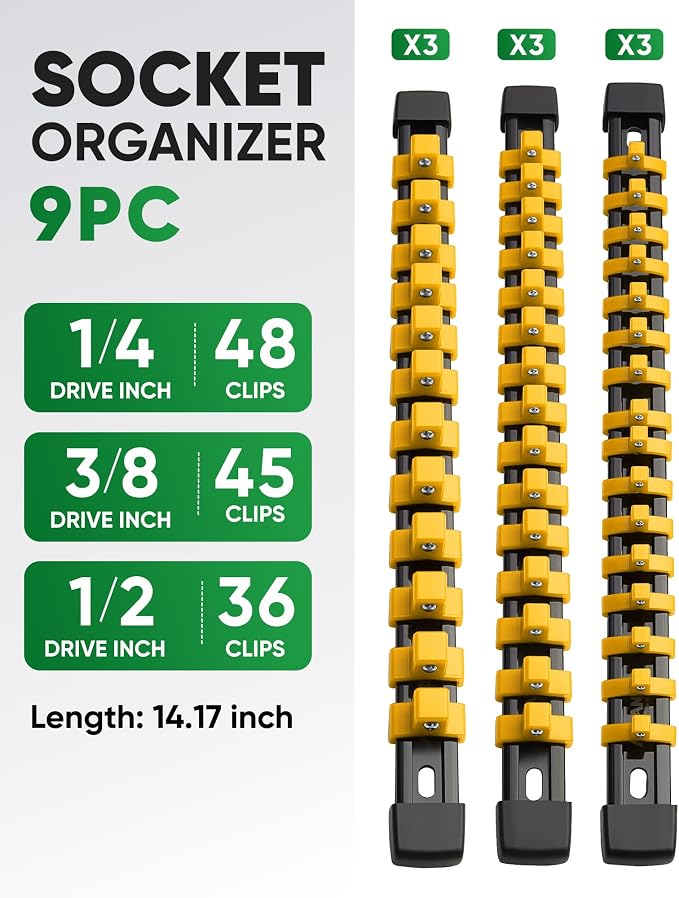 ALOANES 9PC Socket Organizer, Socket Rails Fit 1/2", 1/4" and 3/8" Drive | Heavy Duty ABS Socket Holders Hold up 129 Sockets for Toolbox Drawer Bags(Yellow) - Image 2
