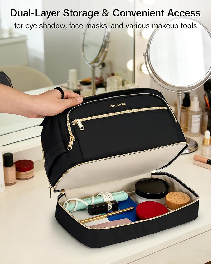 Hanke Travel Toiletry Bag, Lightweight Wide-open Makeup Bag, Dual-Layer Travel Bag for Toiletries Water-Resistant Cosmetic Bags Large Toiletry Bags for Women & Men, Travel Essentials, Black - Image 6